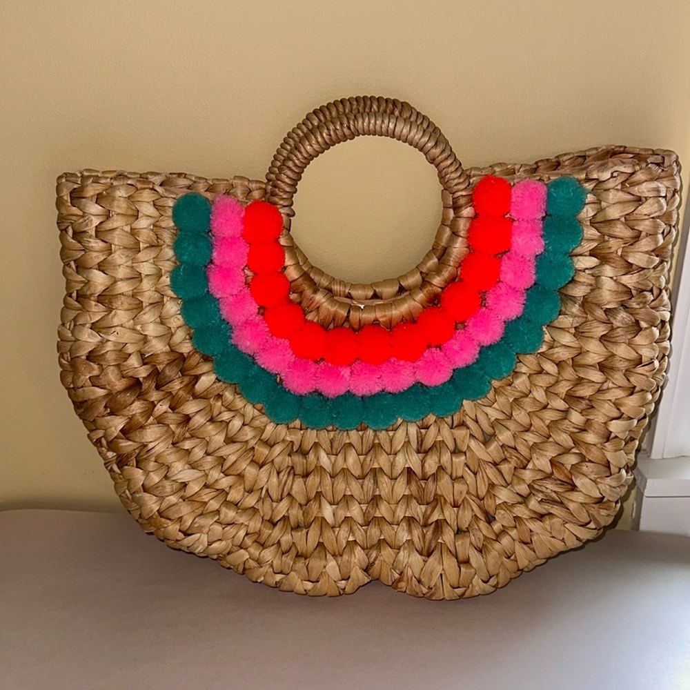 Pink Haley PomPom Straw Beach Bag